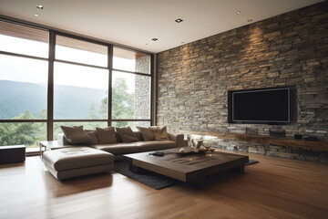 Fototapeta premium Modern living room and rock wall with interior styles and Home decoration mock up, large windows with nature view for relaxation room, Modern design background with Generative AI.