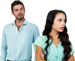 Man looking at woman with arms crossed