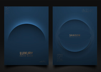 Abstract navy blue background luxury cover set. Minimalist style cover template arc line shadow shape. Modern premium vector design for social media, banner, poster, invitation, business brochure