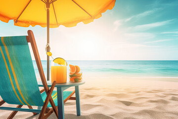 Summer vacation, tropical beach with blue sky and sea for relaxation, panoramic beach background, summer holiday with beautiful nature sand, sunlight, ocean water with Generative AI.