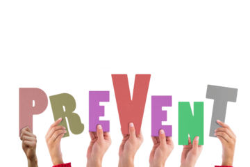 Colorful alphabet spelling prevent held up by people 