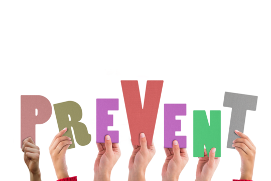 Colorful alphabet spelling prevent held up by people  - Powered by Adobe