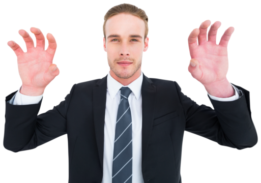 Serious businessman with hands up