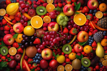 Fruits as Multicolor Background. Cinematic Lightning. High Details. Creative AI Wallpaper. Created by Generative AI