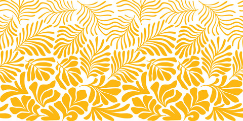 Fototapeta na wymiar Yellow abstract background with tropical palm leaves in Matisse style. Vector seamless pattern with Scandinavian cut out elements.