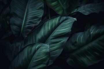 Detailed Tropical Leaves on a dark Backround. High Details. Realism. Creative AI Wallpaper. Created by generative AI