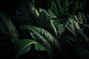 Detailed Tropical Leaves on a dark Backround. High Details. Realism. Creative AI Wallpaper. Created by generative AI