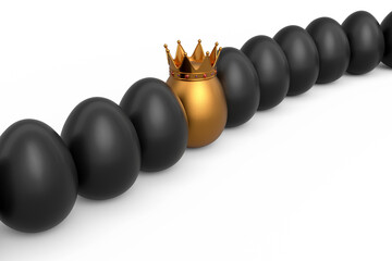 Queue of farm black chicken eggs and unique gold egg in royal king crown