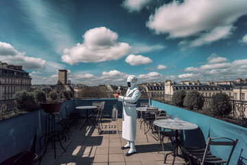 Fototapeta premium Generative AI illustration of artificial intelligence dressed as a waiter working on the terrace of a bar in Paris