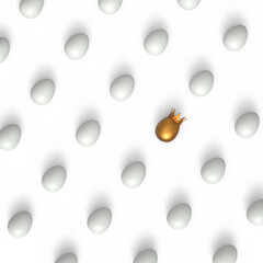 Pattern from farm white chicken eggs and unique gold egg in royal king crown