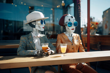 Generative AI illustration of Extra wide shot of full body of couple of man and woman artificial intelligence robots in love dressed in latest fashion with sunglasses and hat 
