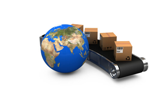 Fototapeta Cardboard boxes on conveyor belt by globe