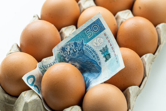 Eggs getting more expensive in Poland. The concept of rising inflation, 50 zloty banknote sticking out from under the tray with eggs