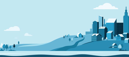 City landscape vector background. Simple minimal town with buildings