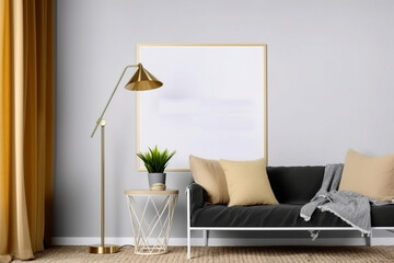 Generative AI illustration of a Very bright Stylish futuristic living room with poster mockup with sofa and natural light