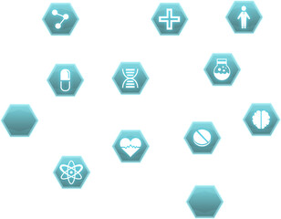 Medical logos in the form of hexagons.
