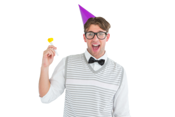 Geeky hipster in party hat with horn