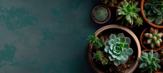 Fototapeta na wymiar succulents banner or header with different plants on a soft green / green background, flat lay / top view, copyspace for your text