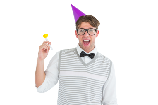 Geeky hipster in party hat with horn - Powered by Adobe
