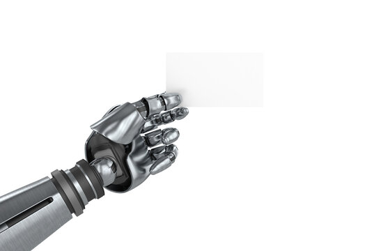 Computer graphic image of robotic arm holding placard