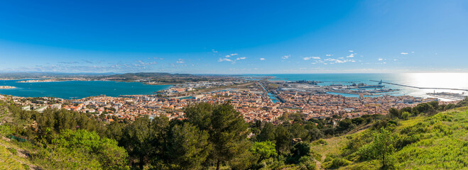 Panorama of the Bassin de Thau from Mont Saint Clair (Sète), in Hérault, Occitanie, France