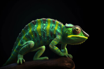 Chameleon with a shining Green Skin. Dark Background. Cinematic Lightning. Vape. Creative AI Wallpaper. Created by Generative AI