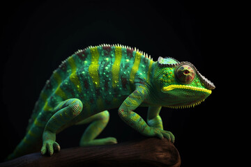 Fototapeta premium Chameleon with a shining Green Skin. Dark Background. Cinematic Lightning. Vape. Creative AI Wallpaper. Created by Generative AI