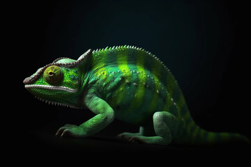 Fototapeta premium Chameleon with a shining Green Skin. Dark Background. Cinematic Lightning. Vape. Creative AI Wallpaper. Created by Generative AI
