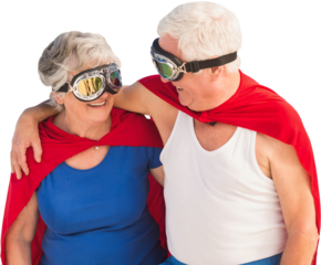 Senior man and woman disguise as superhero together