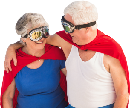Senior man and woman disguise as superhero together