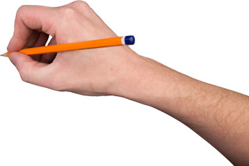 Hand with yellow pencil on white background