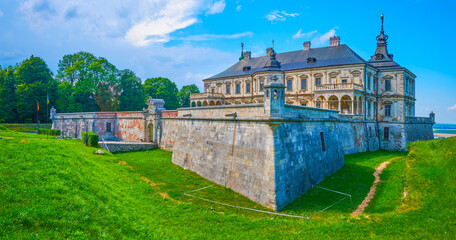 Panorama of Pidhirtsi Castle with its stone bastion and dug moat, Ukraine