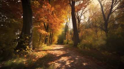 Obraz premium autumn, a beautiful landscape of a path between colorful trees on a sunny day.