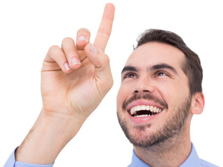 Happy businessman pointing something up