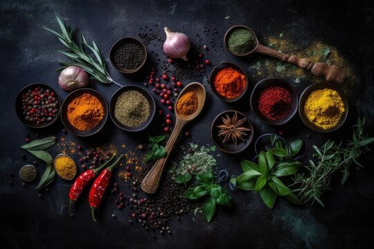 Colourful Various Herbs and Spices for Cooking on Dark Background Generative AI