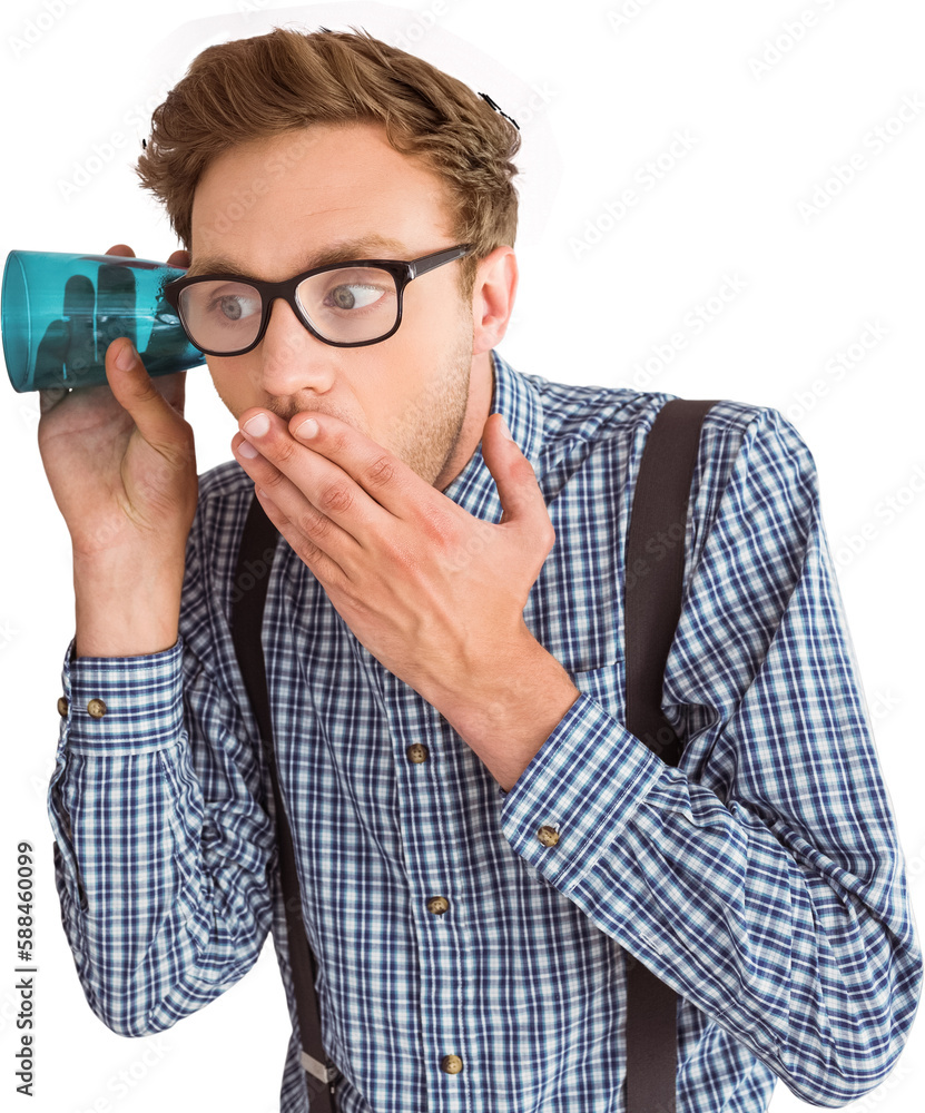 Poster Geeky businessman eavesdropping with cup