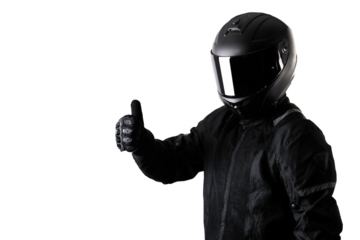 Portrait of a motorcycle rider on a transparent background with thumbs up expression