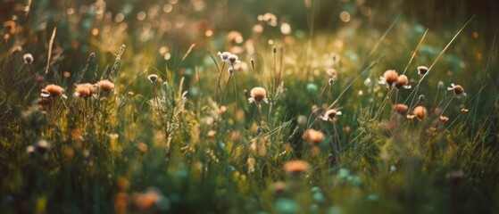 Nature background with wild flowers in green grass Generative AI