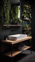 Moderne skandinavische Badarmatur auf schwarzer Wand mit freistehendem Waschbecken und Pflanzen - inklusive Holzregal und Heizung 