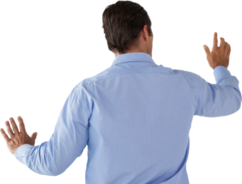 Businessman in blue shirt using interface