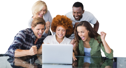 Happy business people looking at laptop