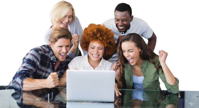 Happy business people looking at laptop