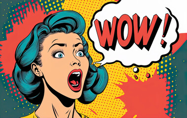 Wow effect, pop art woman with wow face. Retro pop art style surprised and excited comics woman with open mouth, surprised woman on Pop art background, generative ai