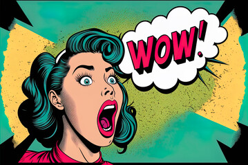 Wow effect, pop art woman with wow face. Retro pop art style surprised and excited comics woman with open mouth, surprised woman on Pop art background, generative ai