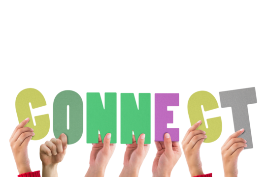 Colorful alphabet spelling connect held up by people 