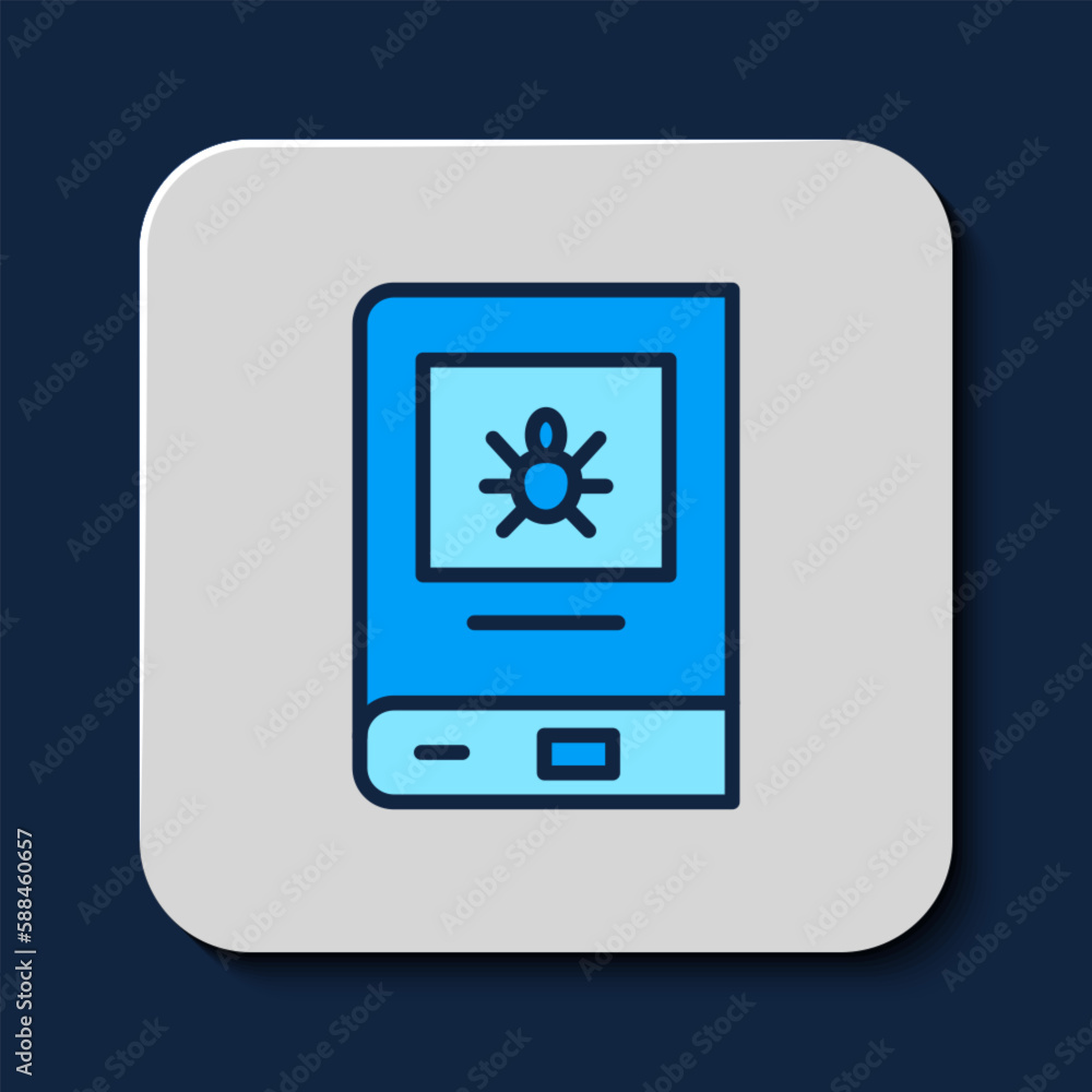 Sticker filled outline book about insect icon isolated on blue background. vector