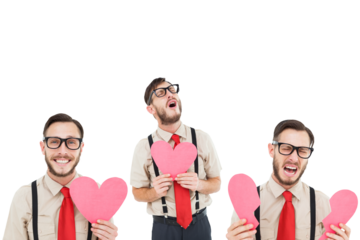 Multiple image of happy and sad man holding heart