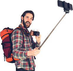 Excited hiker talking selfie