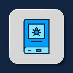 Filled outline Book about insect icon isolated on blue background. Vector