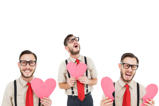 Multiple image of happy and sad man holding heart